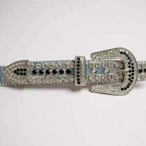 RARE DNA RHINESTONE Belt Glow in the Dark Leather Belt SILVER PLATINUM SZ LARGE